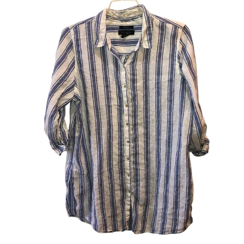 Tahari 1X White Blue Stripe 3/4 Sleeve 100% Linen Button Up Tunic Top Shirt